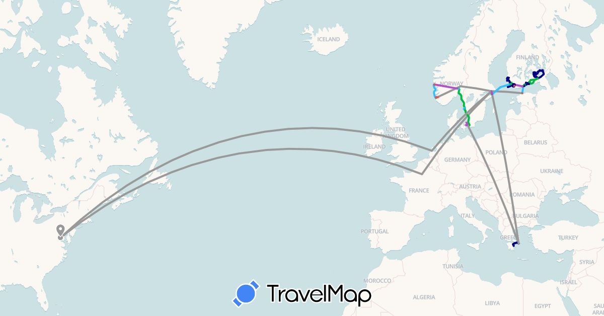TravelMap itinerary: driving, bus, plane, train, hiking, boat in Denmark, Estonia, Finland, France, Greece, Netherlands, Norway, Sweden, United States (Europe, North America)