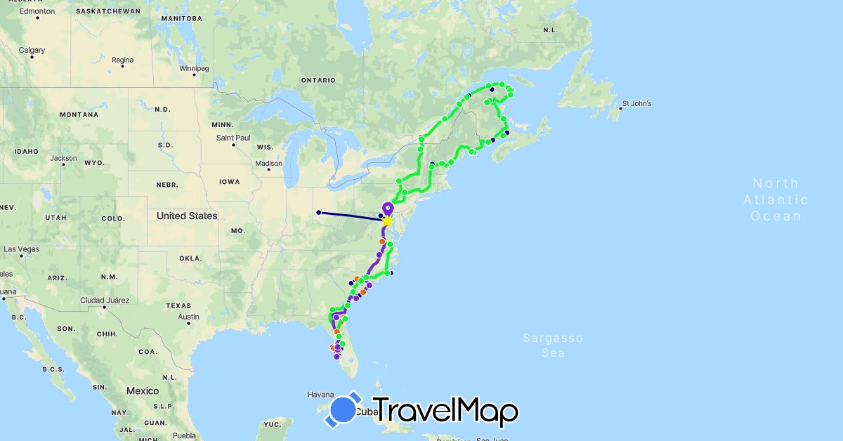 TravelMap itinerary: driving, bus, hiking, boat, caravan 2016, caravan 2017, caravan 2018 in Canada, United States (North America)